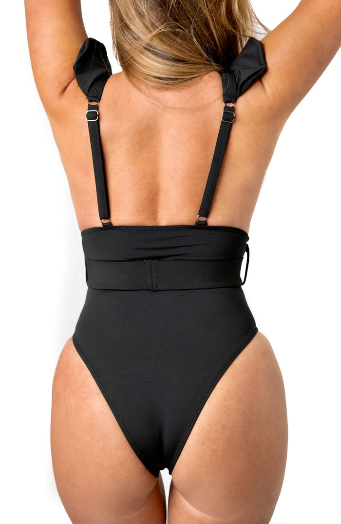 Women's One Piece Swimsuit Ruffled Lace Black